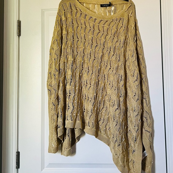 NWT Lauren Ralph Lauren Linen Blend Women Knit Poncho Gold Size S/M  $195 - Picture 7 of 16